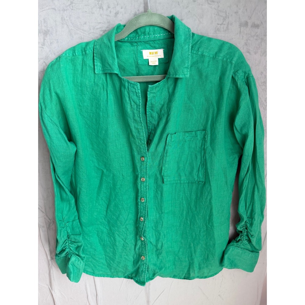 Maeve Anthropologie 100% Linen Ruched Sleeve Button‎ Down Shirt Women M Green